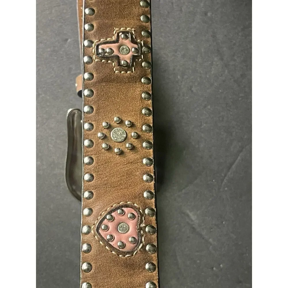 Nacona Girls Size 26”Heart Belt Brown Leather Studded Western Rodeo Cowgirl